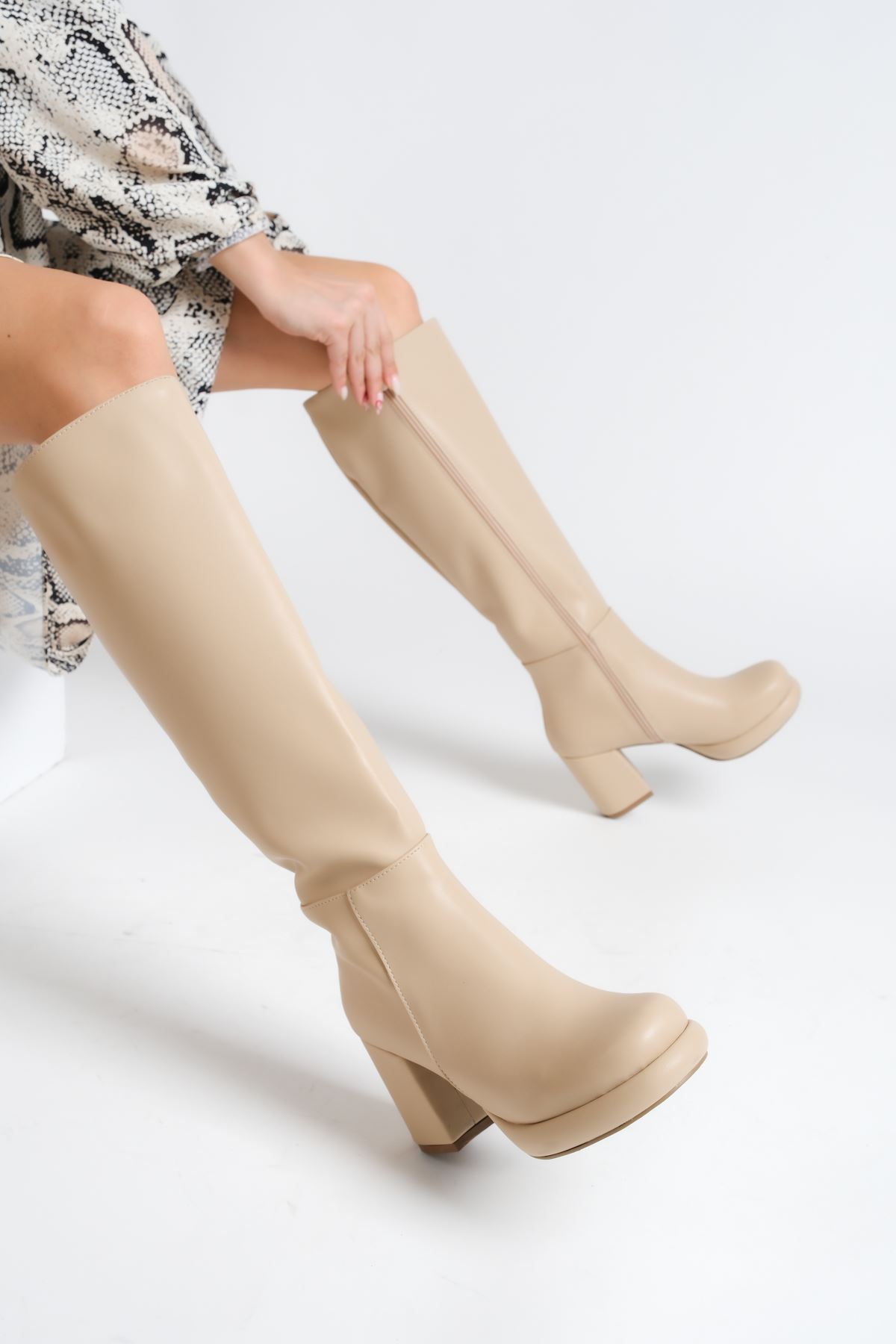 Rashida Nude Mat Deri Platform Topuklu Kadın Çizme