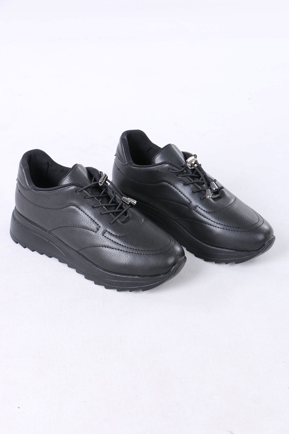 Lanton Siyah Mat Deri Bağcıklı Kadın Günlük Spor Ayakkabı