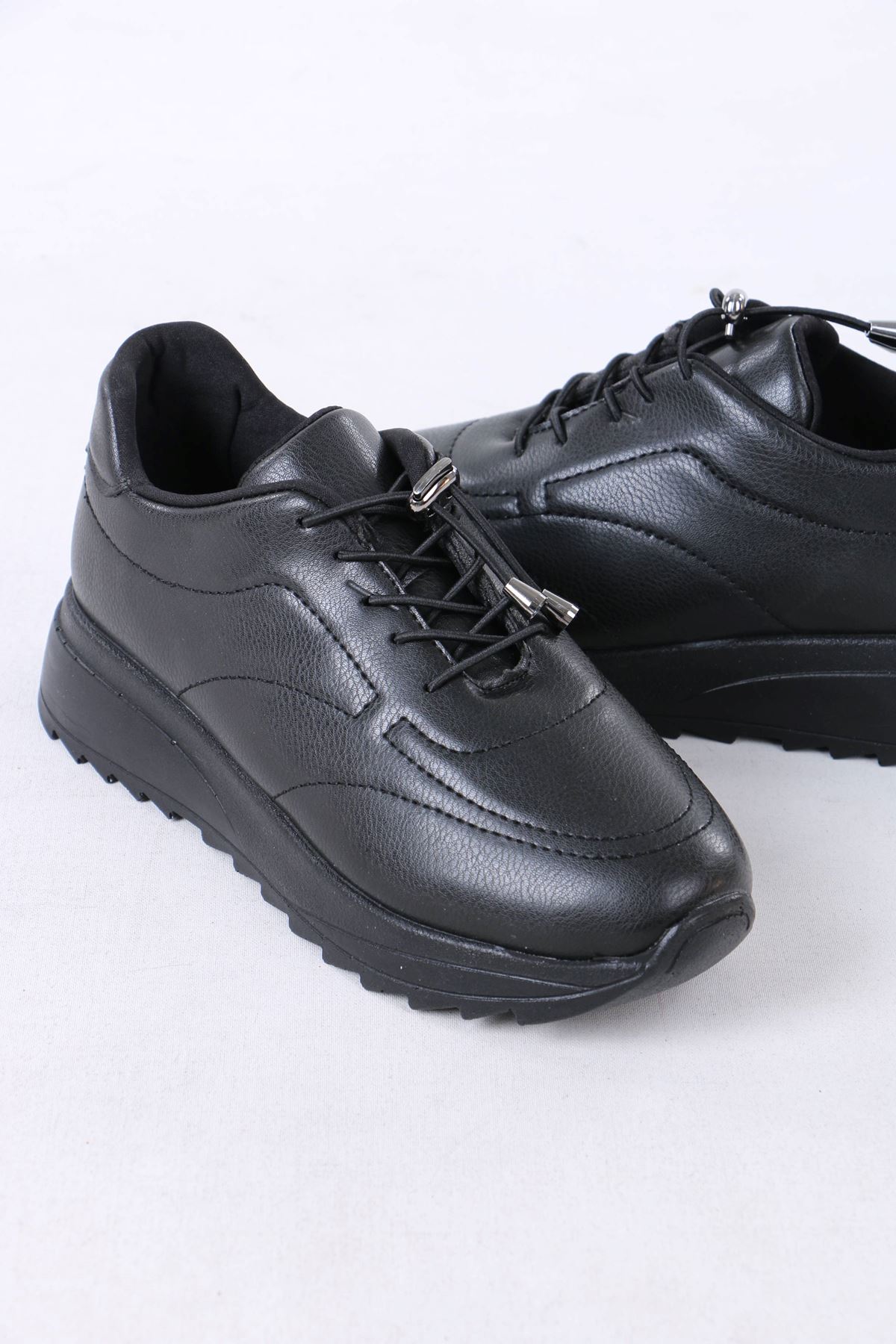 Lanton Siyah Mat Deri Bağcıklı Kadın Günlük Spor Ayakkabı