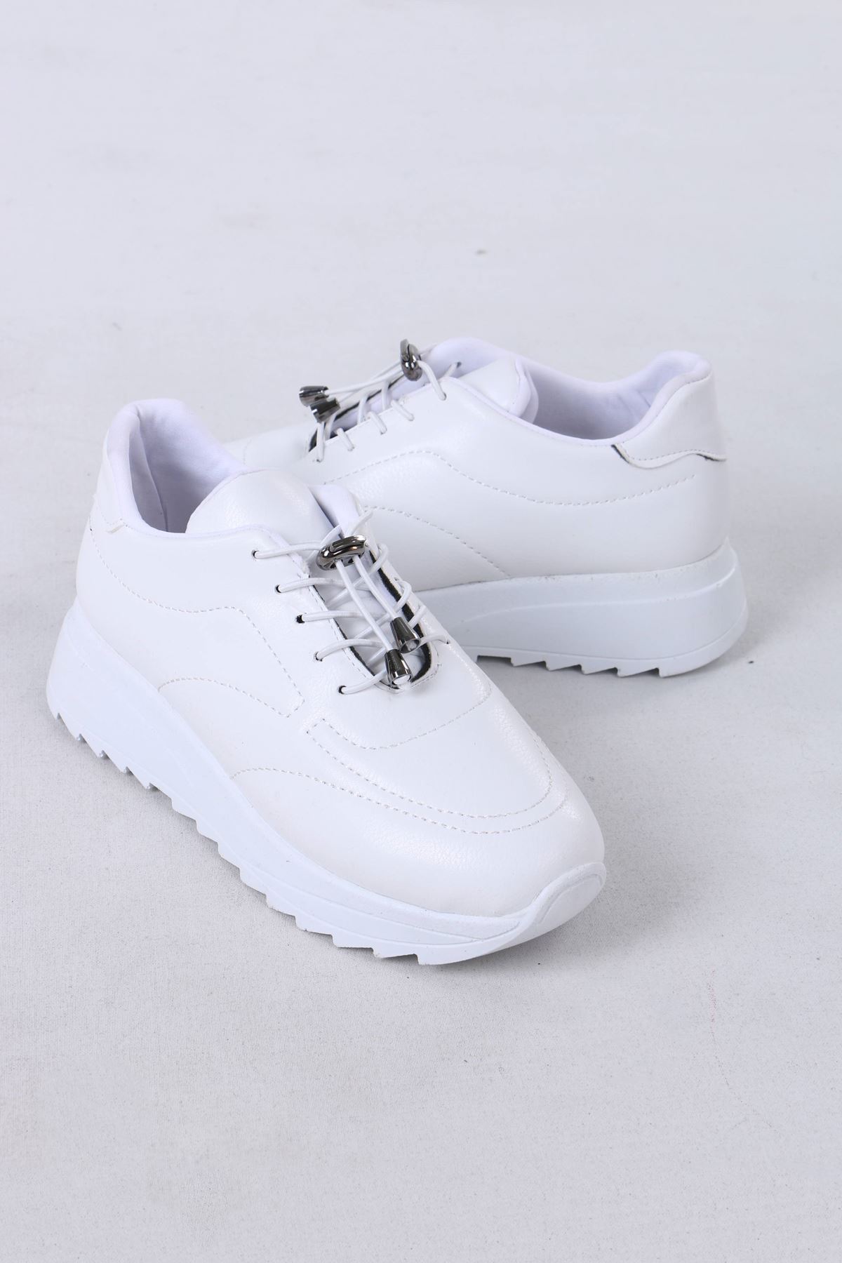 Lanton Beyaz Mat Deri Bağcıklı Kadın Günlük Spor Ayakkabı