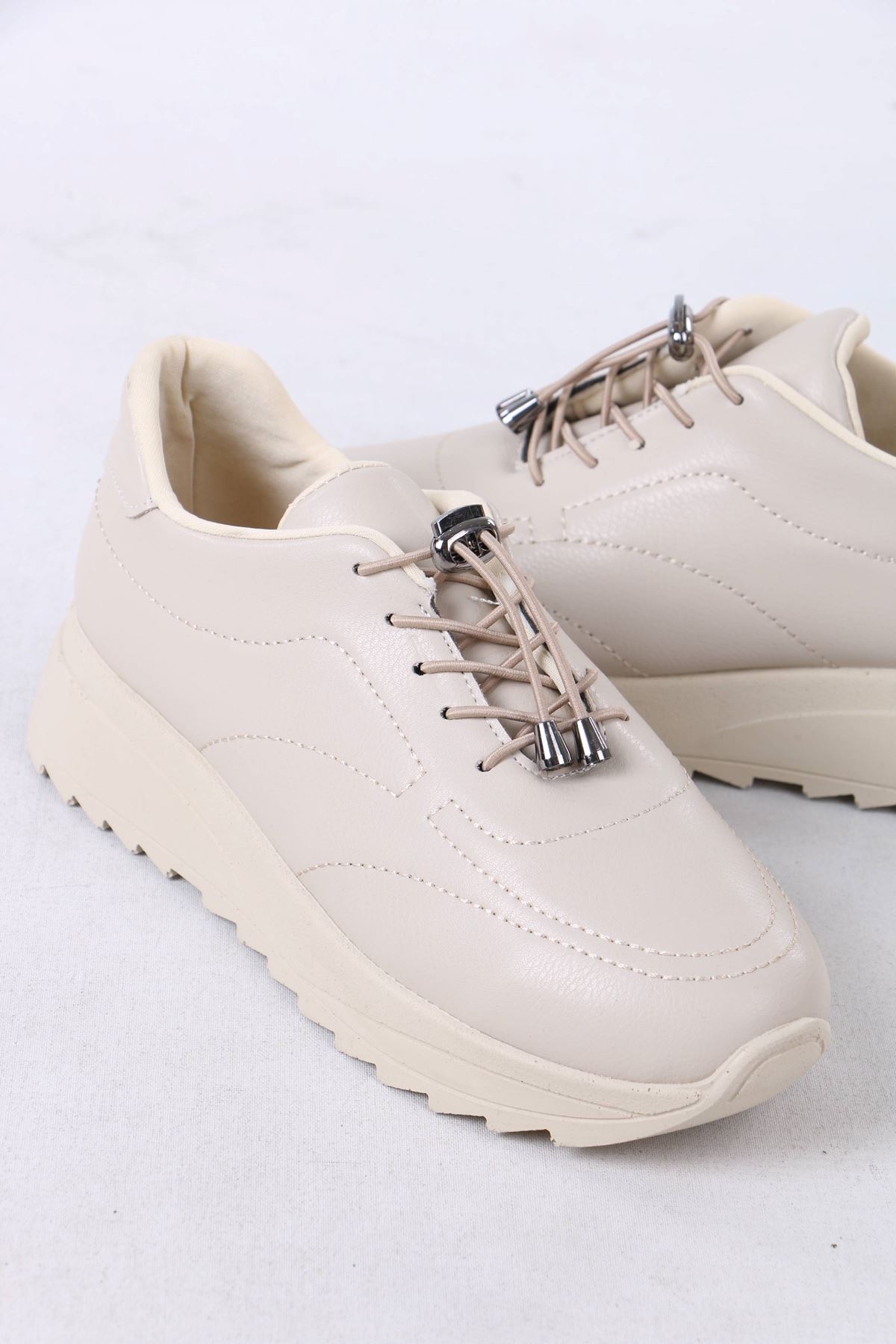 Lanton Bej Mat Deri Bağcıklı Kadın Günlük Spor Ayakkabı