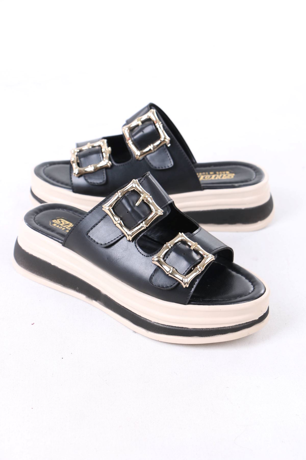 Legget Siyah Mat Deri Tokalı Kadın Terlik