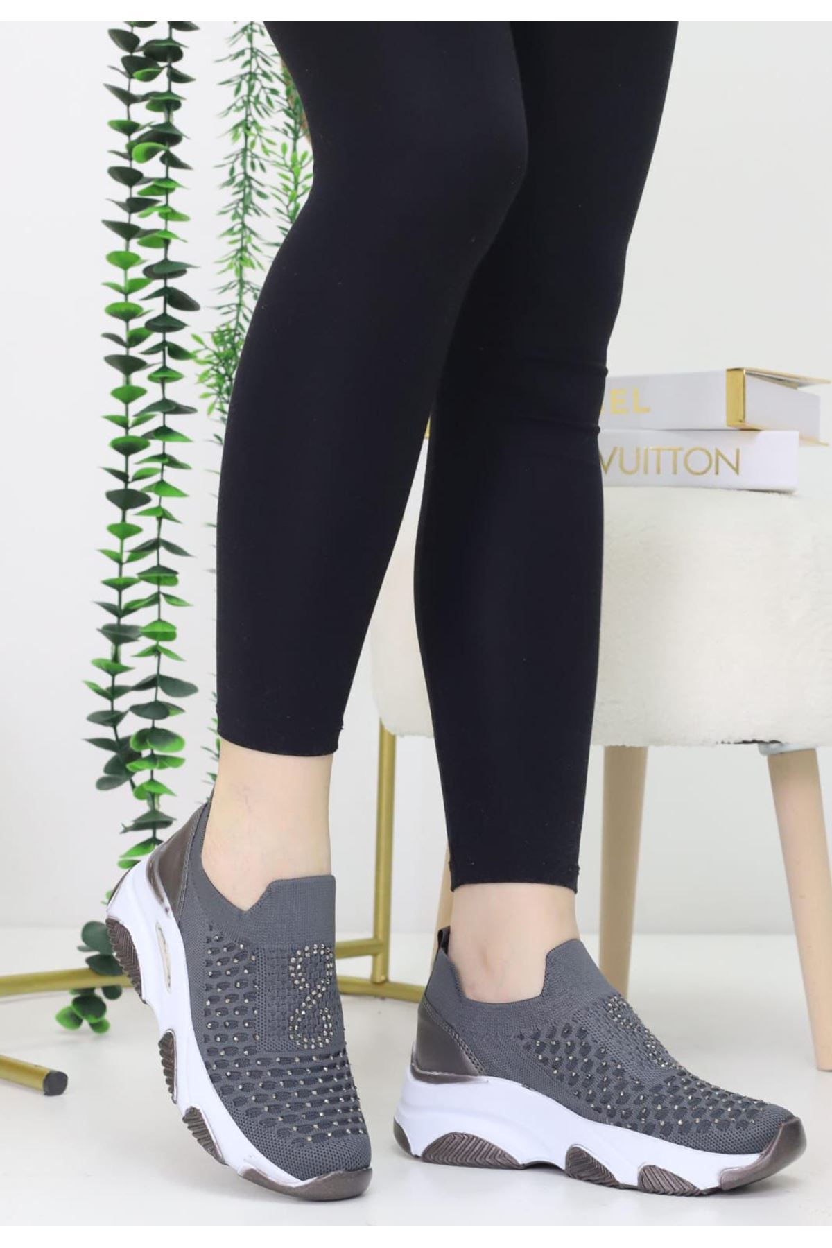 Leonda Gri Triko Kadın Spor Ayakkabı