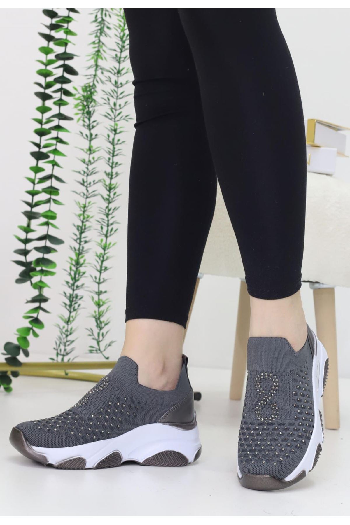 Leonda Gri Triko Kadın Spor Ayakkabı