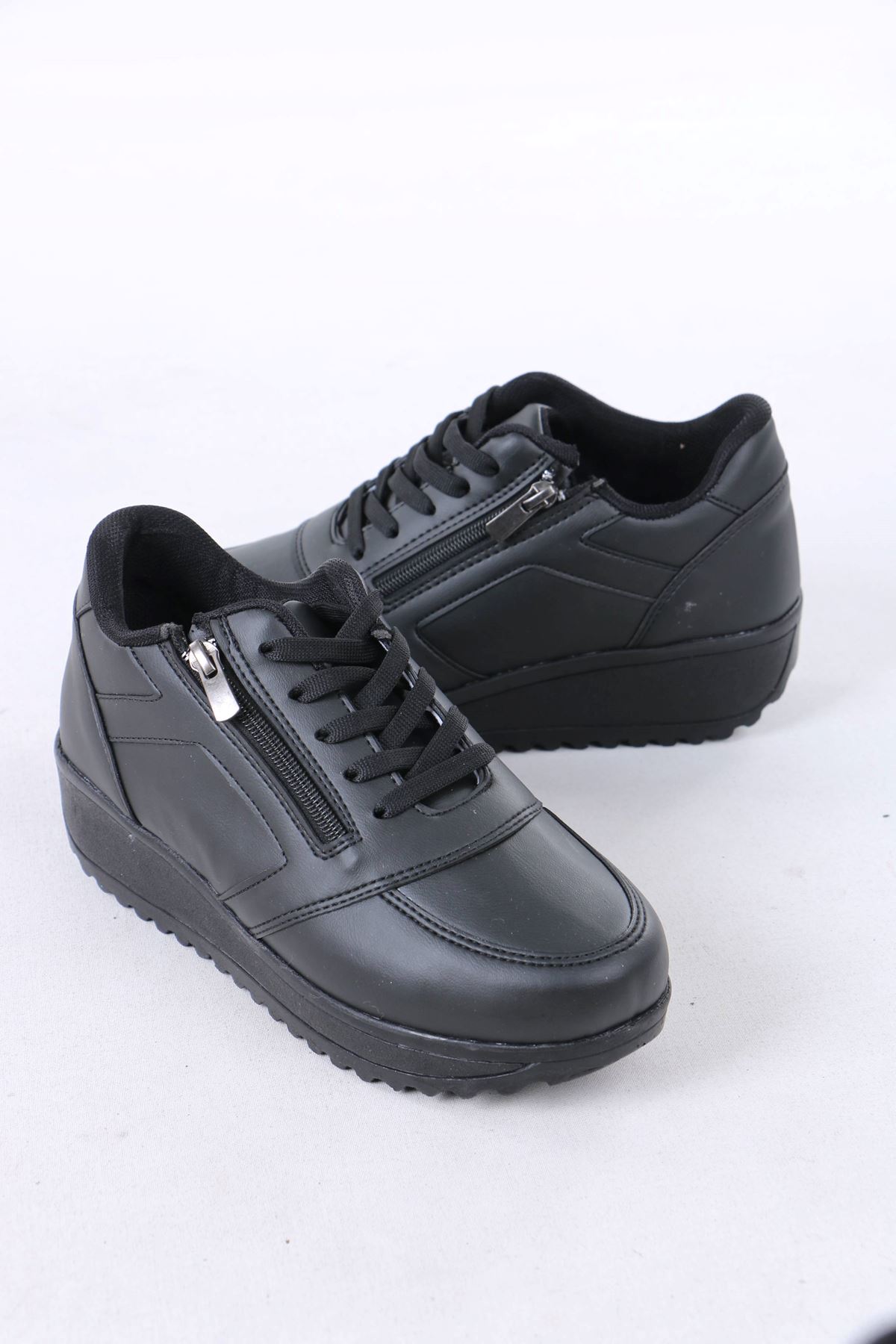 Destry Siyah Mat Deri Fermuarlı Bağcıklı Kadın Spor Ayakkabı