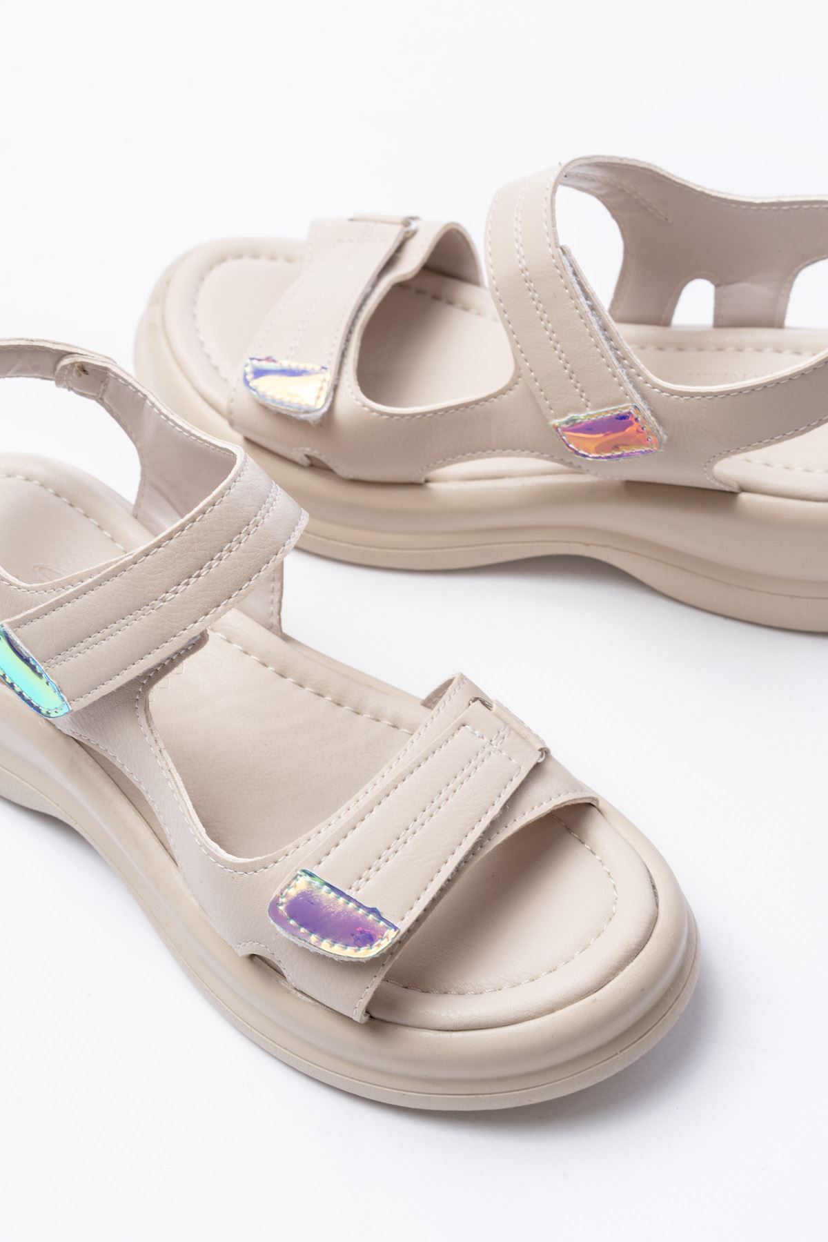 Majori Bej Mat Deri Tokalı Kadın Sandalet