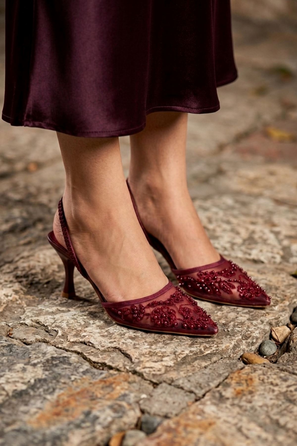 Juene Bordo Kadın Topuklu Ayakkabı