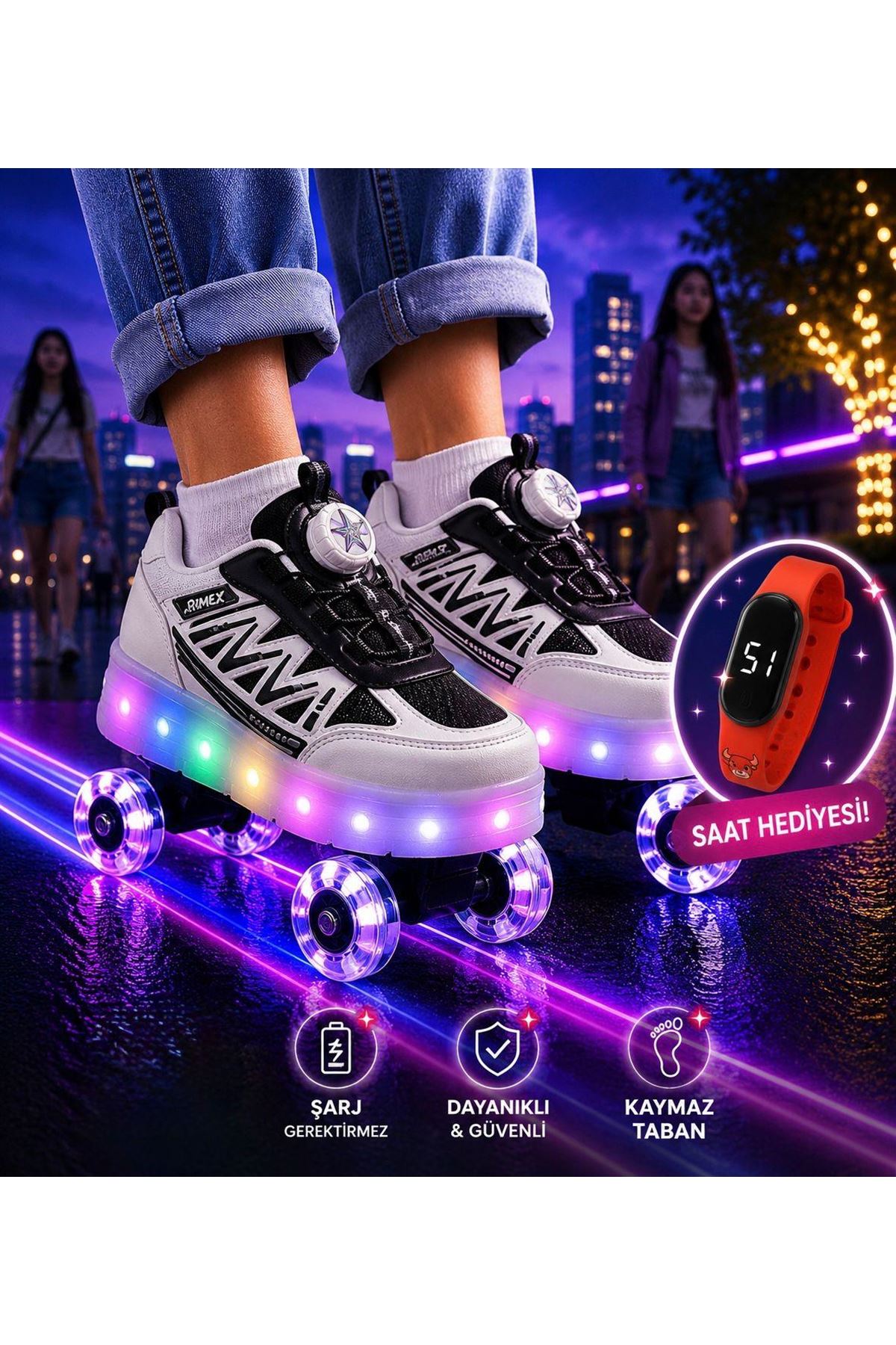 Rusell Beyaz Paten 4 Tekerli Led Işıklı Kaymaz Taban Ortopedik Çocuk Ayakkabı