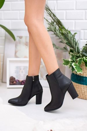 Collie Siyah Mat Deri  Fermuarlı Topuklu Kadın Bot