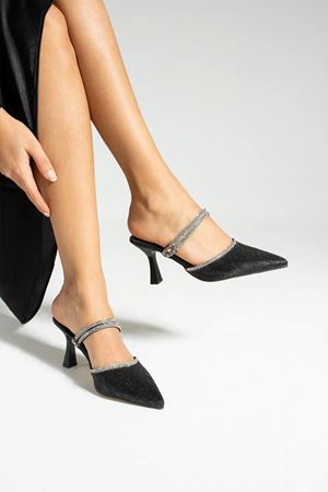 Chev Siyah Taşlı Topuklu Kadın Ayakkabı