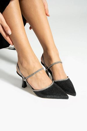 Chev Siyah Taşlı Topuklu Kadın Ayakkabı