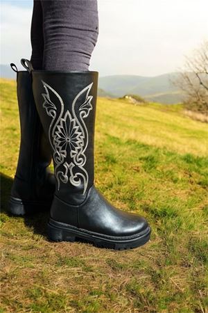 Aluin Siyah Mat Deri Desenli Fermuarlı Kadın Çizme