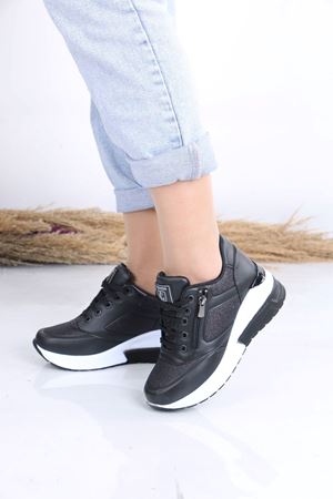 Artois Siyah Mat Deri Bağcıklı Fermuarlı Kadın Spor Ayakkabı