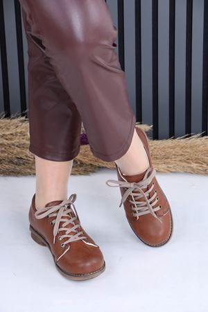 Angilia Taba Mat Deri Bağcıklı Ortopedik Günlük Kadın Ayakkabı