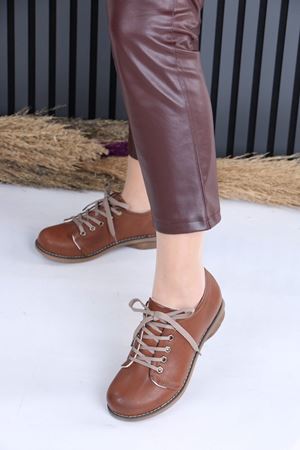 Angilia Taba Mat Deri Bağcıklı Ortopedik Günlük Kadın Ayakkabı