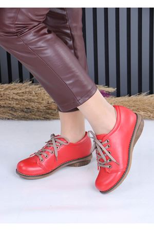 Angilia Kırmızı Mat Deri Bağcıklı Ortopedik Günlük Kadın Ayakkabı