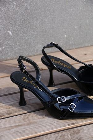 Jeremy Siyah Rugan Çİft Tokalı Topuklu Kadın Ayakkabı