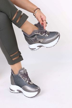 Katle Gri Kürklü Gizli Topuklu Kadın Spor Ayakkabı