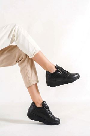 Karlens Siyah Mat Deri Fermuarlı Bağcıklı Kadın Spor Ayakkabı