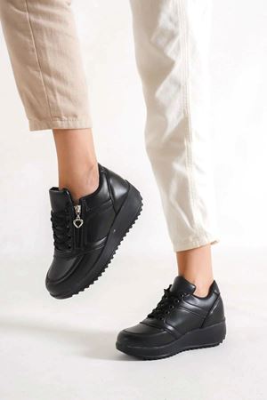 Karlens Siyah Mat Deri Fermuarlı Bağcıklı Kadın Spor Ayakkabı