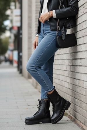 Justeen Siyah Mat Deri Bağcıklı Fermuarlı Kadın Postal Bot