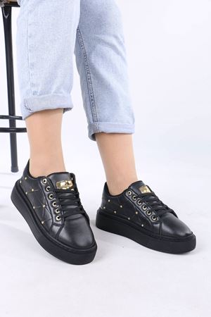 Noll Siyah Mat Deri Bağcıklı Kadın Spor Ayakkabı