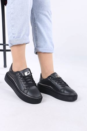 Kalle Siyah Mat Deri Bağcıklı Kadın Spor Ayakkabı