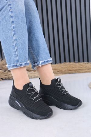 Joella Siyah Triko Taşlı Bağcıklı Kadın Spor Ayakkabı