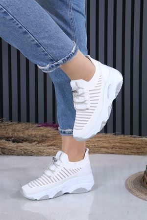 Joella Beyaz Triko Taşlı Bağcıklı Kadın Spor Ayakkabı