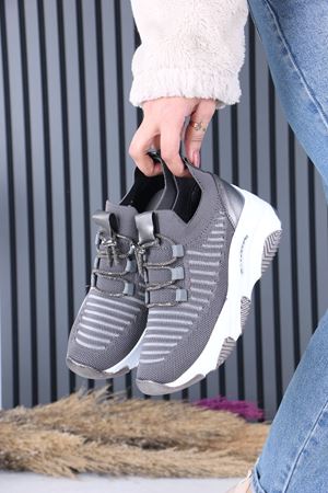 Joella Gri Triko Taşlı Bağcıklı Kadın Spor Ayakkabı