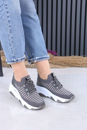 Joella Gri Triko Taşlı Bağcıklı Kadın Spor Ayakkabı
