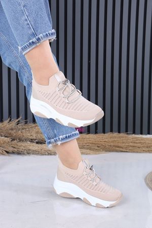 Joella Nude Beyaz Taban Triko Taşlı Bağcıklı Kadın Spor Ayakkabı