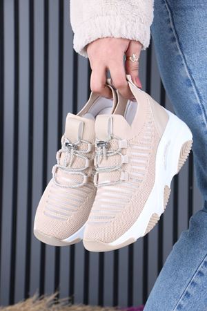 Joella Nude Beyaz Taban Triko Taşlı Bağcıklı Kadın Spor Ayakkabı