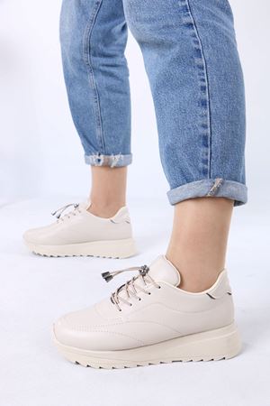 Lanton Bej Mat Deri Bağcıklı Kadın Günlük Spor Ayakkabı