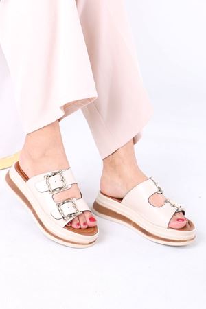 Legget Bej Mat Deri Tokalı Kadın Terlik