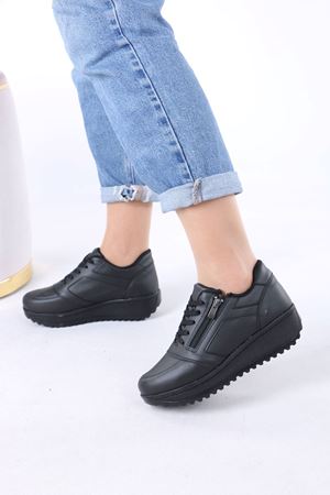 Destry Siyah Mat Deri Fermuarlı Bağcıklı Kadın Spor Ayakkabı