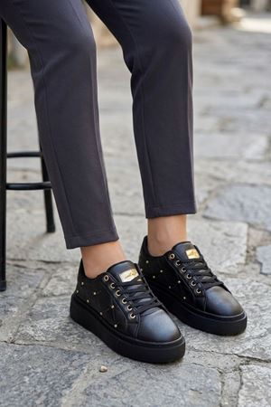 Noll Siyah Mat Deri Bağcıklı Kadın Spor Ayakkabı