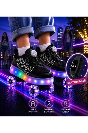 Rusell Siyah Paten 4 Tekerli Led Işıklı Kaymaz Taban Ortopedik Çocuk Ayakkabı