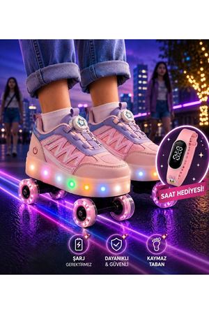 Rusell Pembe Paten 4 Tekerli Led Işıklı Kaymaz Taban Ortopedik Çocuk Ayakkabı