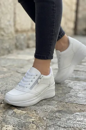 Paien Beyaz Mat Deri Bağcıklı Fermuarlı Kadın Spor Ayakkabı