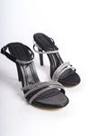 Chanell Siyah Saten Taşlı Kadın Topuklu Ayakkabı