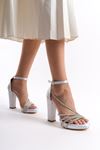 Artus Gümüş Saten Taşlı Platform Topuklu Kadın Ayakkabı