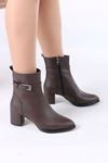 Junious Kahverengi Mat Deri Tokalı Fermuarlı Kadın Bot