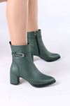 Junious Yeşil Mat Deri Tokalı Fermuarlı Kadın Bot