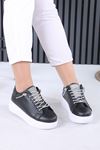 Lavera Siyah Beyaz Taban Mat Deri Taşlı Bağcıklı Kadın Spor Ayakkabı
